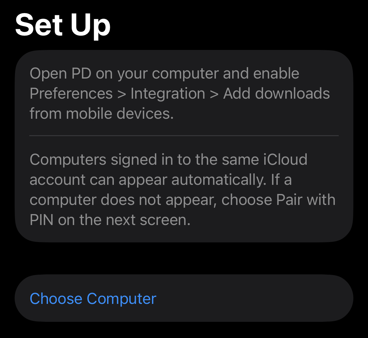 PD Link setup screen