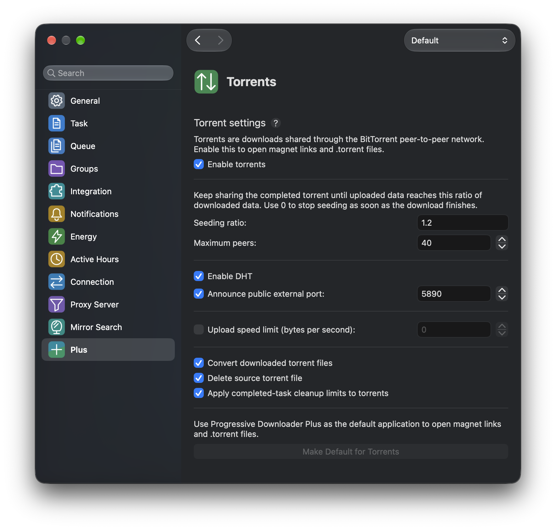 Application settings open on the Torrents page.